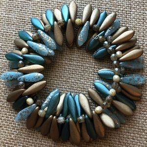 Gold and Blue Speckled Bead Memory Wire Bracelet